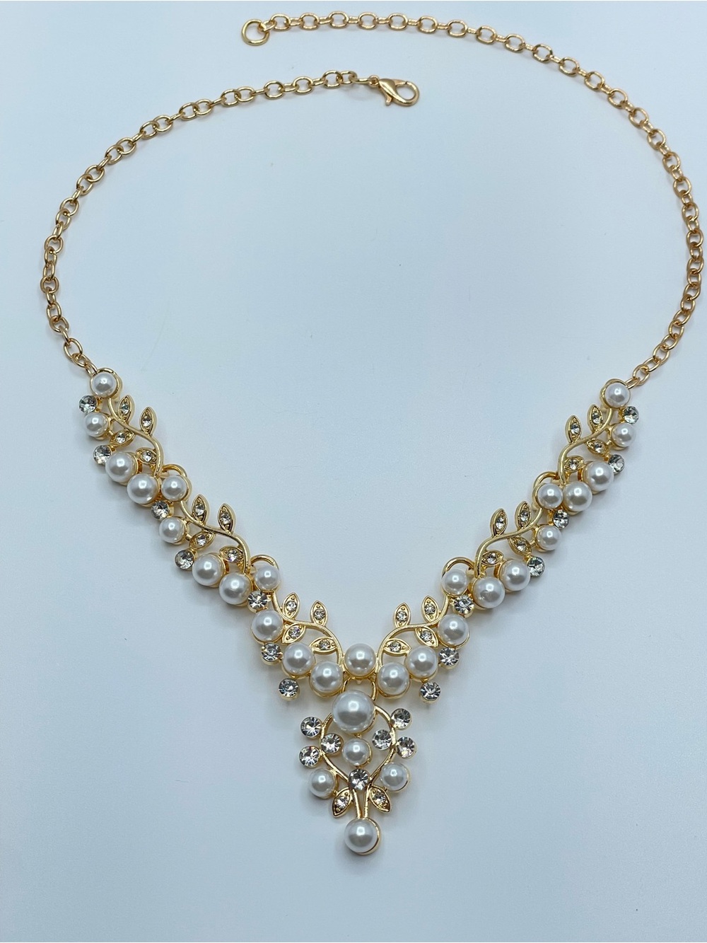 Gold White Faux Pearl Diamond White Crystal Bridal Y Drop Statement Necklace